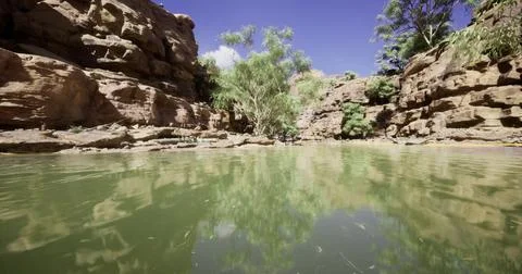 Reflection of rocks and trees in tranquil water at natural oasis Stock Illustration