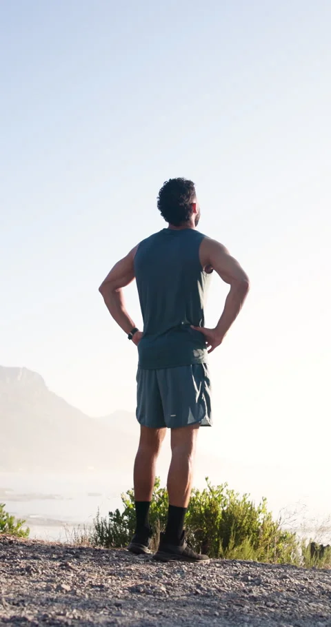 Reflection, runner and back of man in nature for workout break, fitness vision Stock Footage 337481576