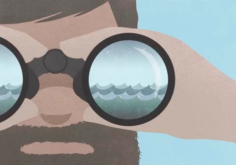Reflection of sea in binoculars held by a man with a beard 스톡 일러스트