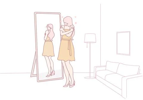 Reflection of SelfEsteem A Womans Deep Introspection while gazing into a Mirror Illustrazione stock