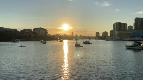 Reflection Of The Setting Sun on Water Surface at False Creek Vancouver, Canada Stock Footage 259929142