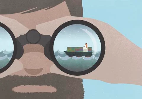 Reflection of a ship in binoculars held by a man with a beard 스톡 일러스트