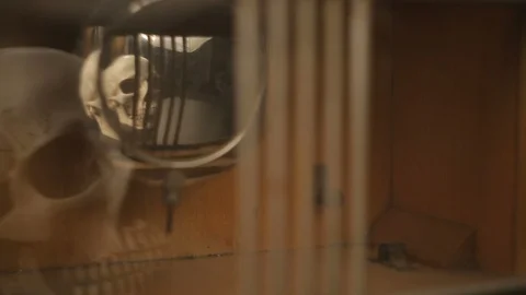 Reflection of the skull and candles in the pendulum of an old clock Stock Footage 100321464