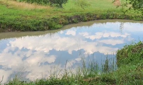 Reflection of the sky and clouds in a small mountain lake, summer time Stock Photos