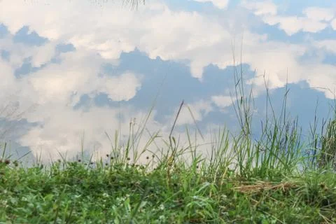 Reflection of the sky and clouds in a small mountain lake, summer time Stock Photos