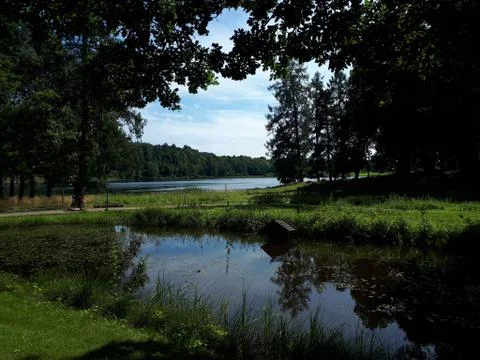 Reflection of sky and trees in the blue water Stock Photos