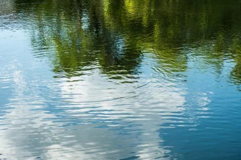 Reflection of sky and trees on the water. Stock Photos