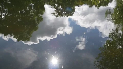 Reflection of sky, clouds and trees in water in a pond Video stock 143634789