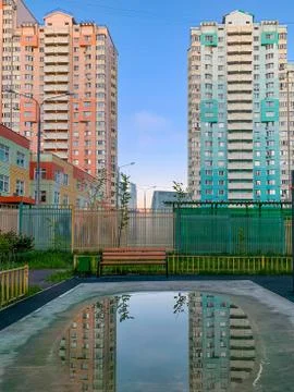 Reflection sky, trees, clouds, building. Mobilephoto Vertical. Copy space Stock Photos