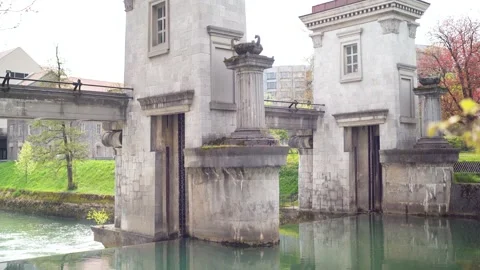 Reflection of sluice gate building for river water level control Stock Footage 280770806