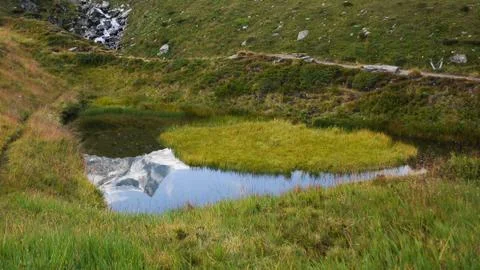 Reflection of a snow covered mountain in a small pond Stock Photos