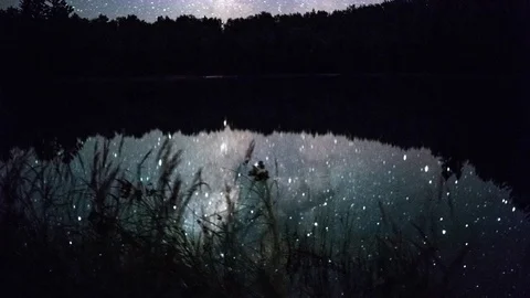 Reflection of Stars on calm lake Stock Footage 72863243