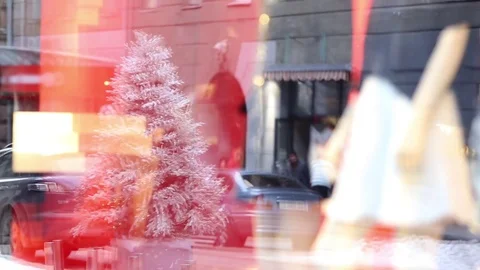 Reflection in store front. Shopping theme. Christmas background Stock Footage 82442737
