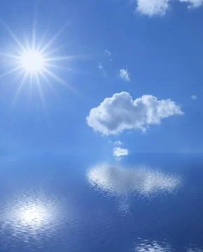 Reflection of the sun, clouds and sky on the water surface Stock Photos