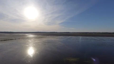 Reflection of the sun on a flooded rice field. Stock Photos