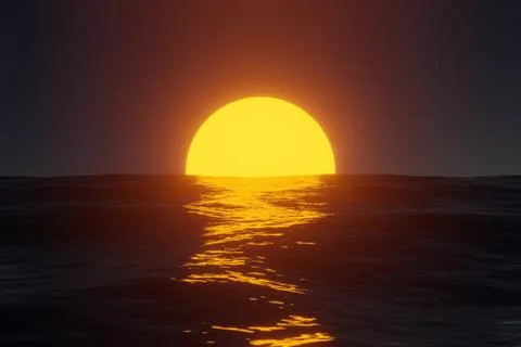 Reflection of the sun at sunrise / sunset on the ocean waves. 3d illustration Stock Illustration