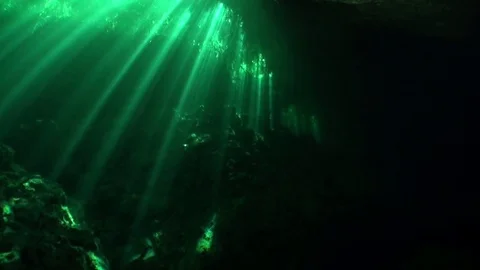 Reflection of sunlight in caves of Yucatan cenotes underwater. Stock Footage 83082981