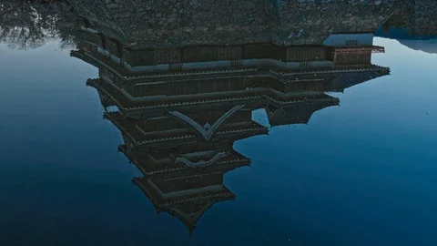 Reflection of the surface of Matsumoto Castle in Nagano, Japan Stock Footage 106350377
