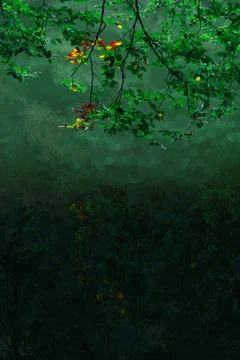 Reflection of tree branch with few red leaves in emerald green lake Stock Photos