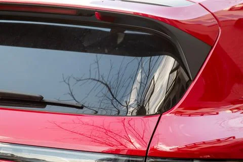 A reflection of tree branches and sky in the rear glass of a red car. Stock Photos