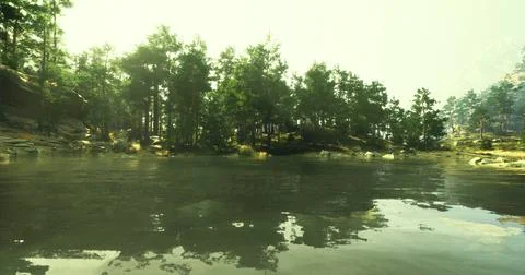 Reflection of trees in calm lake surrounded by lush greenery Illustrazione stock