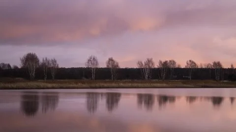 Reflection of trees in a calm surface of the river, in the early morning. Stock Photos