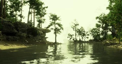 Reflection of trees on calm water surface in a serene natural setting Stock Illustration