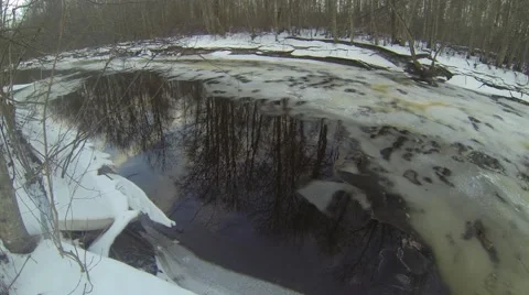 Reflection of trees from icy river Stock Footage 46363334
