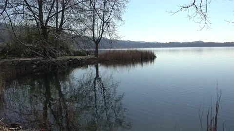 Reflection of trees in Lake Annone Vídeo Stock 155167814