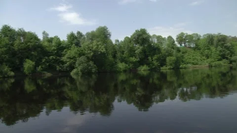 Reflection of trees in the river. Forest river under a blue cloudy sky Stock Footage 120291753