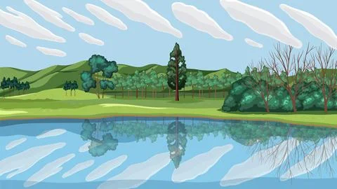 Reflection of Trees in River Landscape Stock Illustration