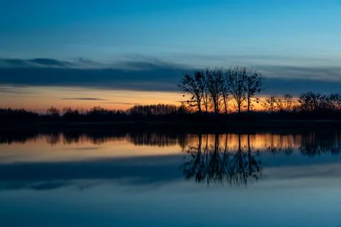 Reflection of trees in the water after sunset Stock Photos