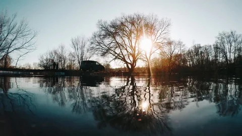 Reflection of trees without leaves on branches in spring high water in river at Stock Footage 89402514