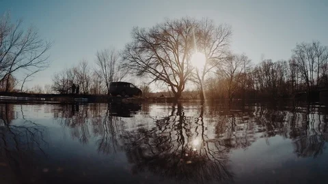 Reflection of trees without leaves on branches in spring high water in river at Stock Footage 89403474