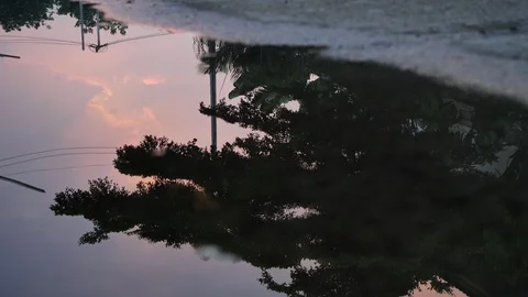 Reflection twilight sunset sky in puddle water flooding on street Stock Footage 89779572