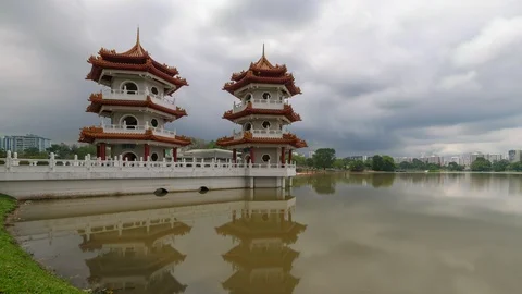 Reflection Of Twin Pagoda With Storm Clouds Passing Overhead Stock Footage 106355278