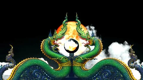 Reflection violet moon and cloud on crystal ball and twin naga on the night s Stock Illustration