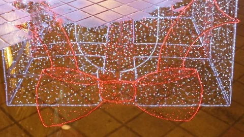 The reflection in the water big red jazz knot. Twinkle bulbs. Blurry, outdoor, n Stock Footage 83249725