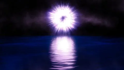 Reflection on water with bright glowing circle at night. 3d Rendering. Peaceful Illustrazione stock