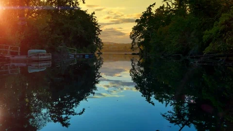 Reflection on Water, Forest Nature Stream Landscape, Beautiful Lake River Sunset Video stock 87105004