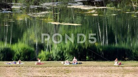 Reflection In The Water - People Sunbathing On The Beach, Trees, Green Water