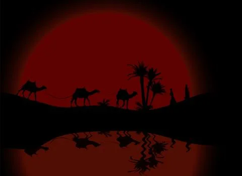 Reflection in water Silhouette of Caravan mit people and camels wandering Illustrazione stock