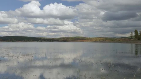 Reflection of white clouds in mountain lake Video stock 80995540