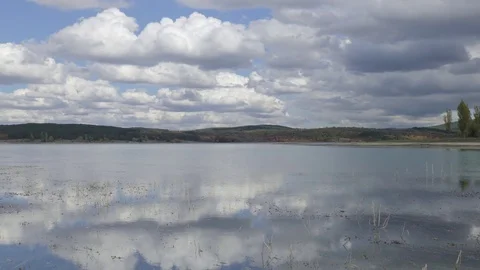 Reflection of white clouds in mountain lake Video stock 80995647