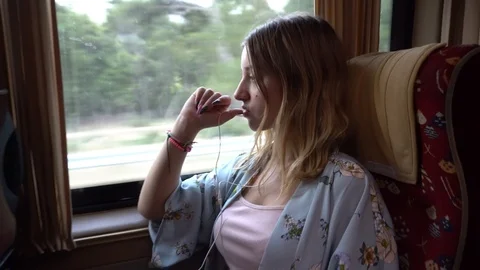 Reflection In Window Europa Woman Using Smartphone Device On Bus Travel Stock Footage 97085268