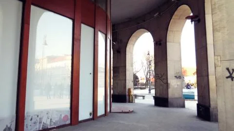 Reflection in Windows in Passage of Columns Stock Photos