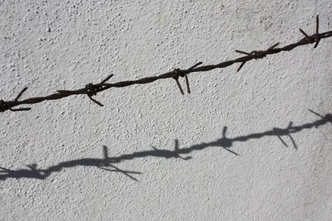 Reflection of wire fence on wall Stock Photos