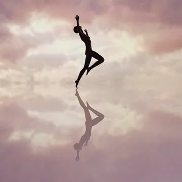 Reflection of woman dancing in cloudy sky 스톡 일러스트