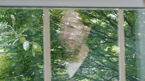 Reflection of woman looking through window Video stock 130644526