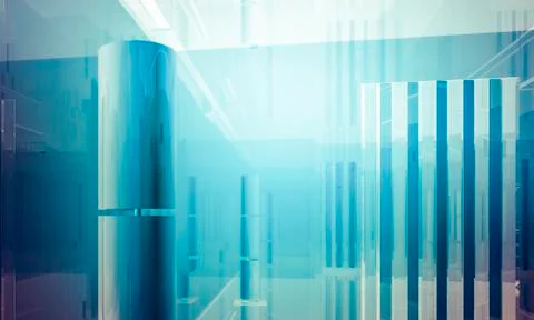 Reflection.empty office with columns and large windows, indoor building. busi Ilustración de archivo